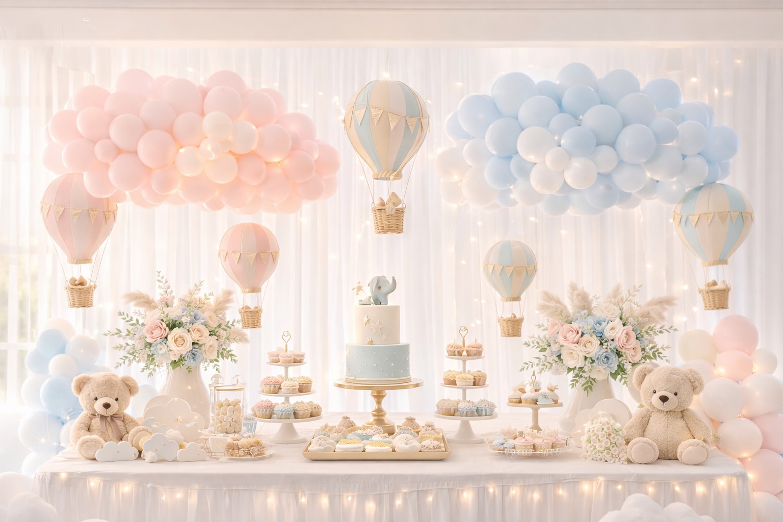 Baby shower sky celebration balloon installation by Little Moment Studio, Sittingbourne Kent