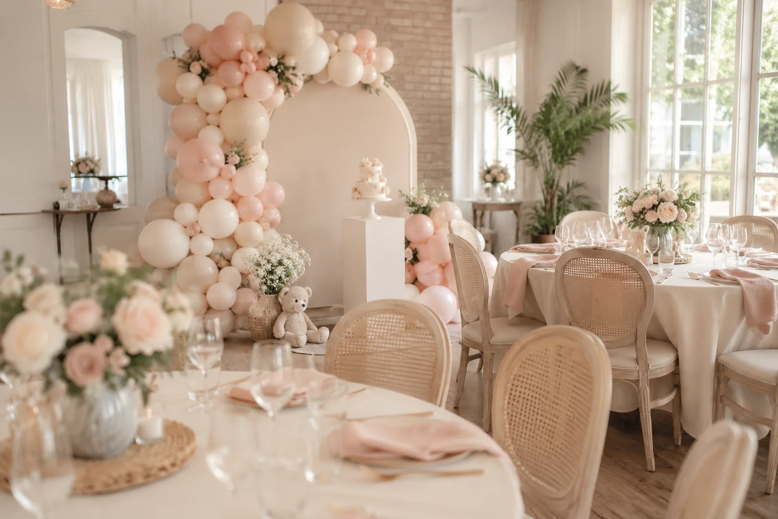 Blush and ivory balloon arch in a bright natural-light venue styled for a baby shower, Kent