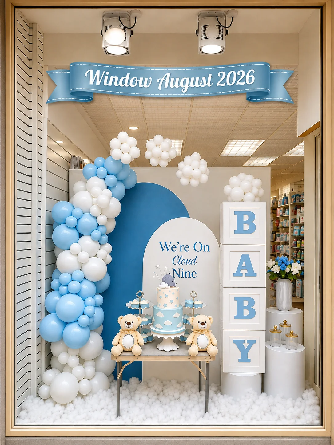 Cloud Nine gender reveal baby shower window display with blue and white organic balloon garland, BABY letter blocks and teddy bears — Little Moment Studio shop window, Sittingbourne