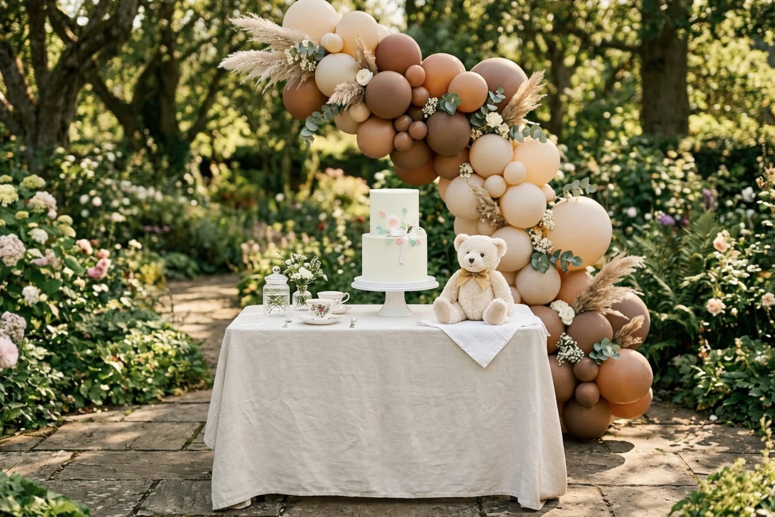 Outdoor balloon garland at a garden baby shower — organic balloon arch in warm neutrals against a natural garden backdrop in Kent