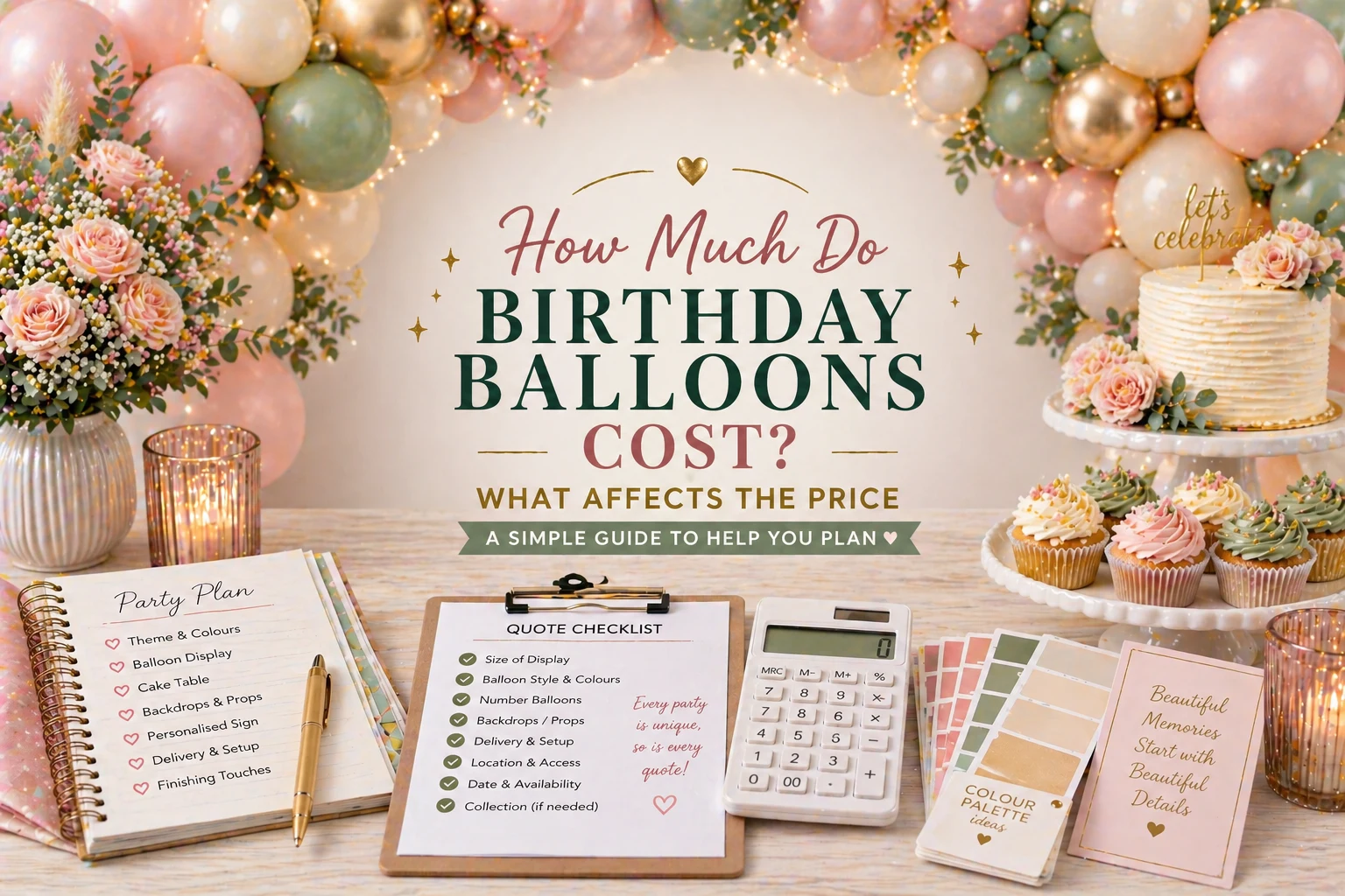 Birthday balloon cost guide — styled balloon garland and dessert table display by Little Moment Studio, Kent