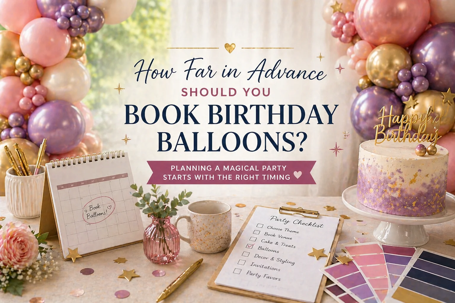 Birthday balloon planning table with colour swatches, party notebook, cake details and balloon garland inspiration for a children's birthday party