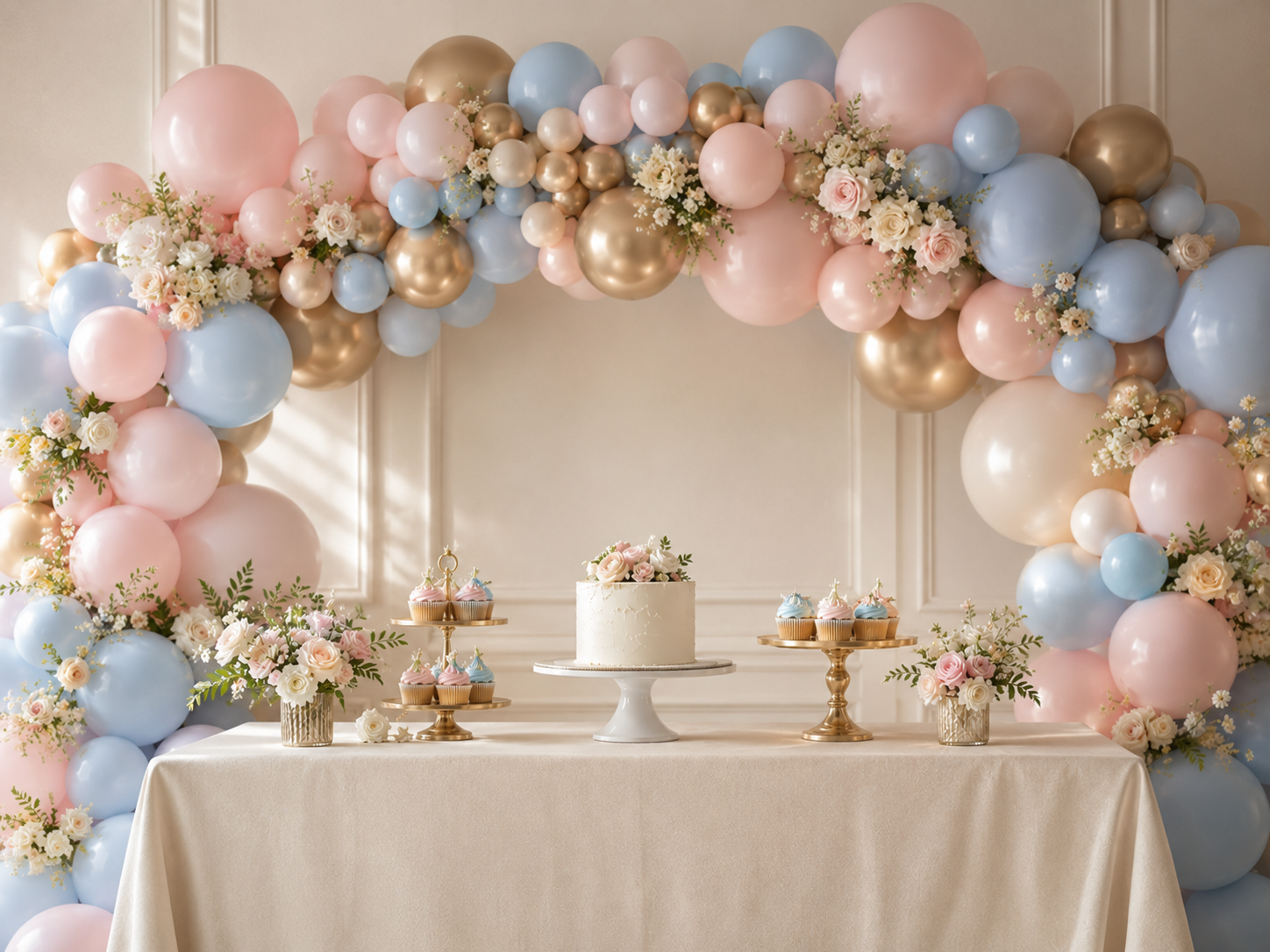 First birthday balloon garland and dessert table styling in Ashford by Little Moment Studio