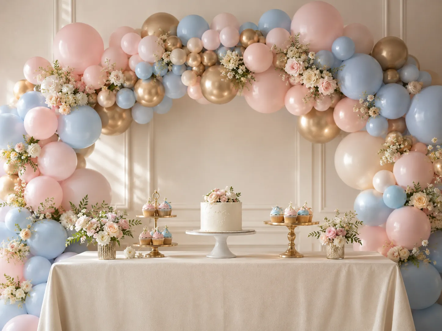 First birthday balloon garland and dessert table styling in Ashford by Little Moment Studio