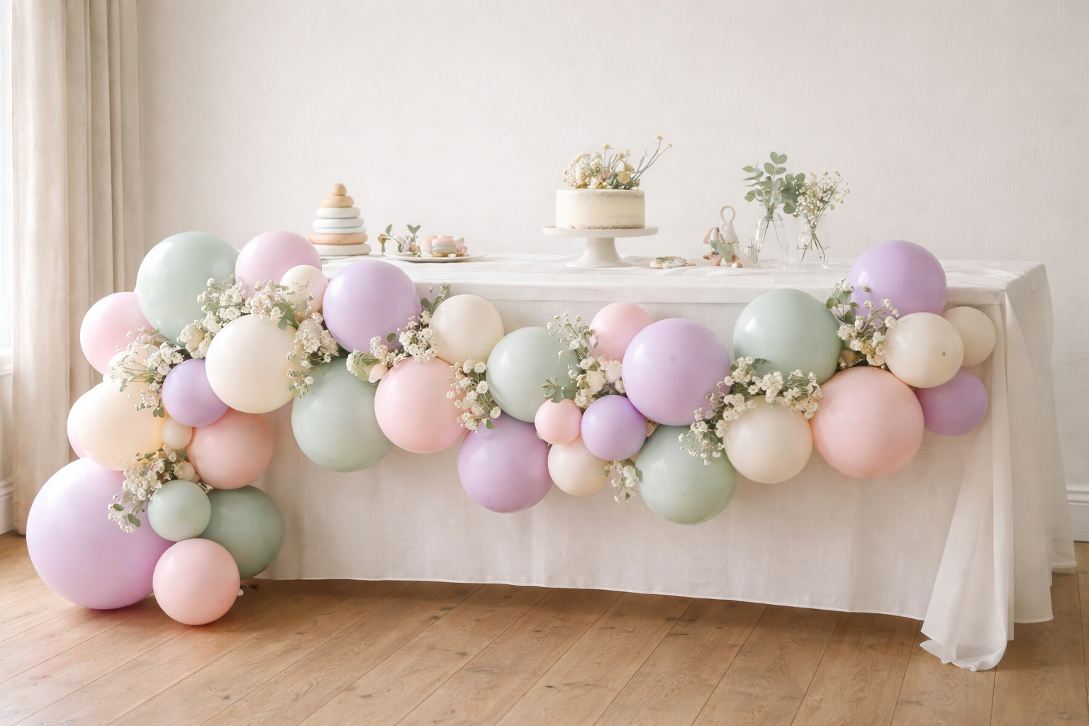 First birthday organic balloon garland in pastel colours by Little Moment Studio Kent