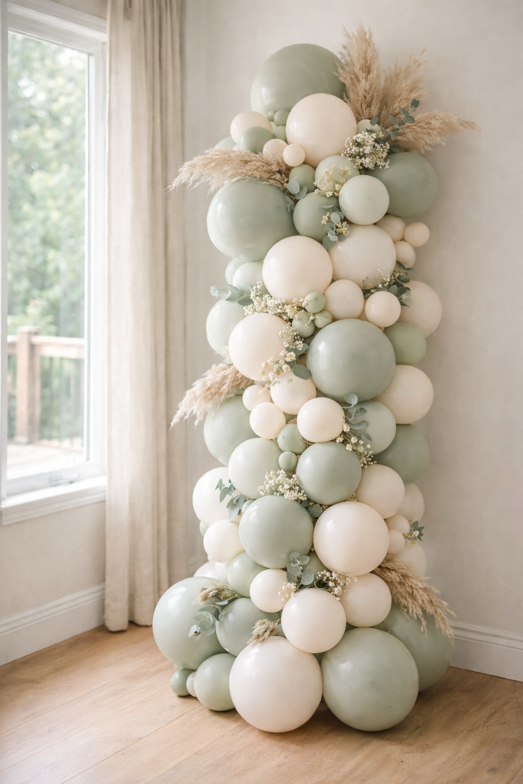 First birthday balloon display in sage green and cream by Little Moment Studio Kent