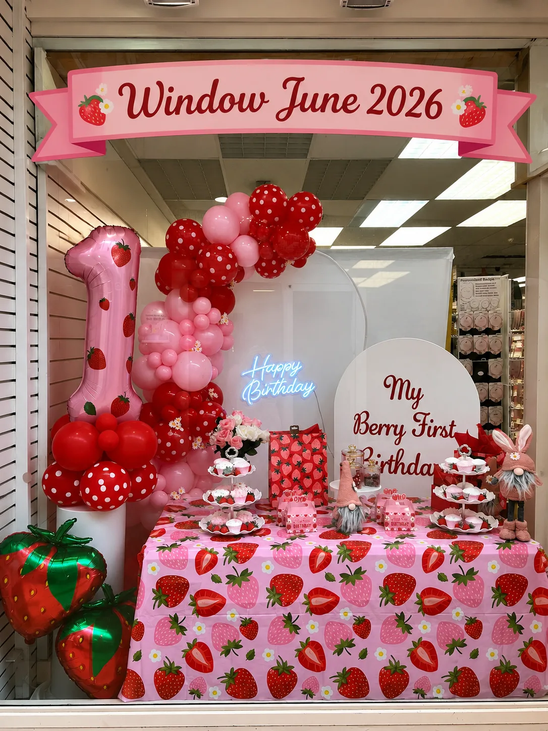 Strawberry theme first birthday balloon garland and dessert table with pink and red balloons, My Berry First Birthday sign and styled sweet treats — Little Moment Studio, Kent