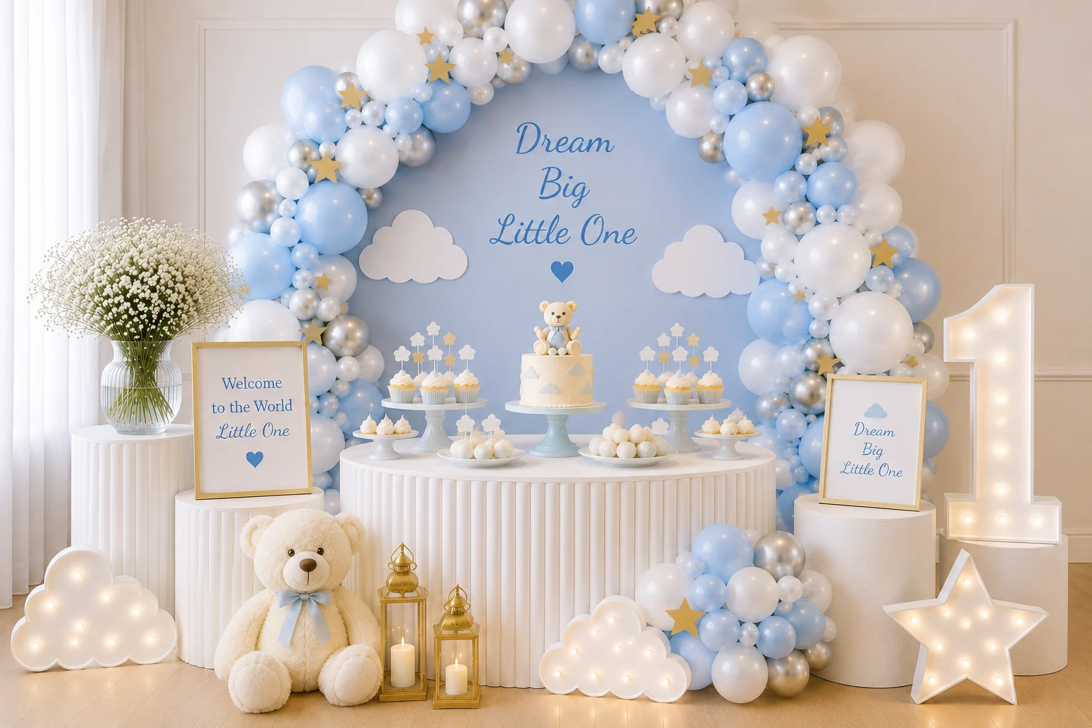 Cloud theme balloon setup — soft sky blue, white and pearl display for a first birthday or christening by Little Moment Studio, Kent