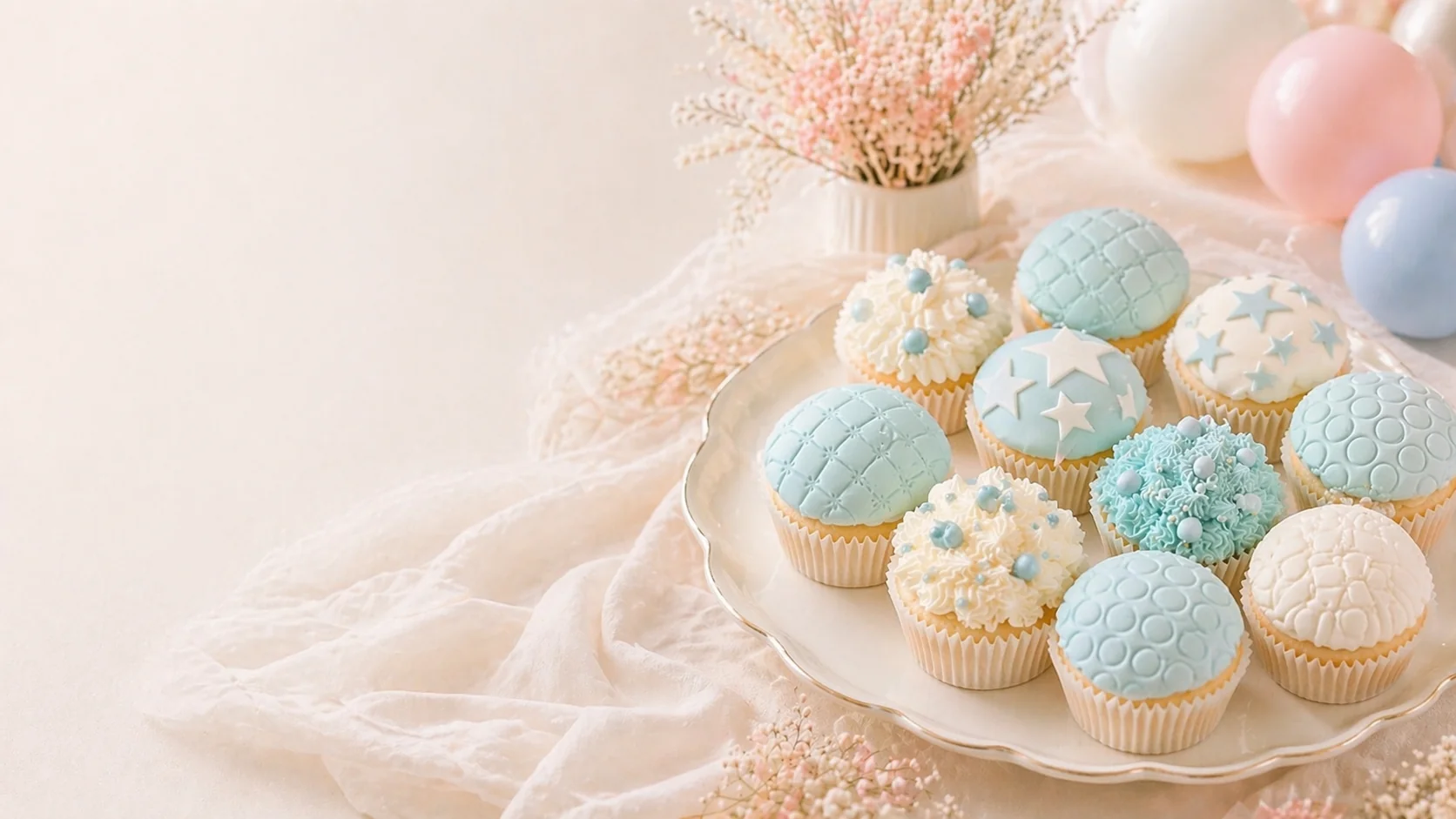 Fondant cupcake ideas for baby showers and birthdays styled dessert table Kent