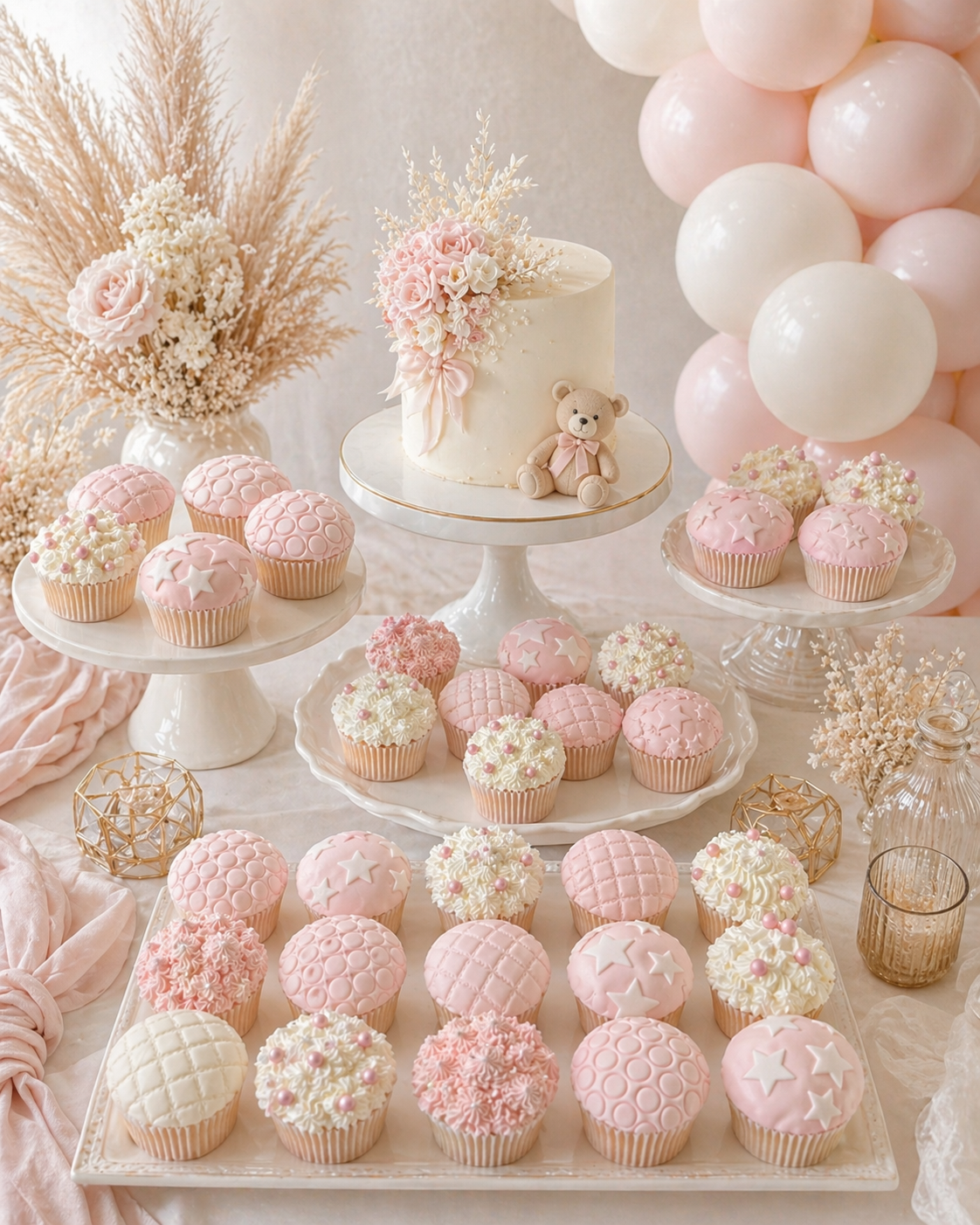 Blush pink and ivory baby shower dessert table with fondant cupcakes, teddy bear cake and organic pink balloon garland by Little Moment Studio Kent