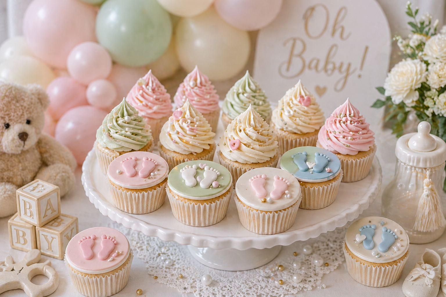 Pastel baby shower dessert table with buttercream swirl cupcakes, baby feet topper cupcakes, balloons, flowers and soft neutral decorations