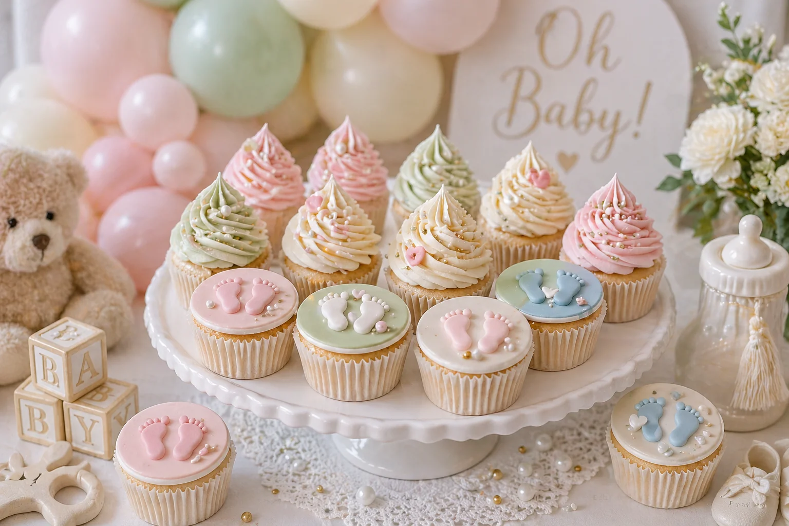Pastel baby shower dessert table with buttercream swirl cupcakes, baby feet topper cupcakes and soft neutral decorations