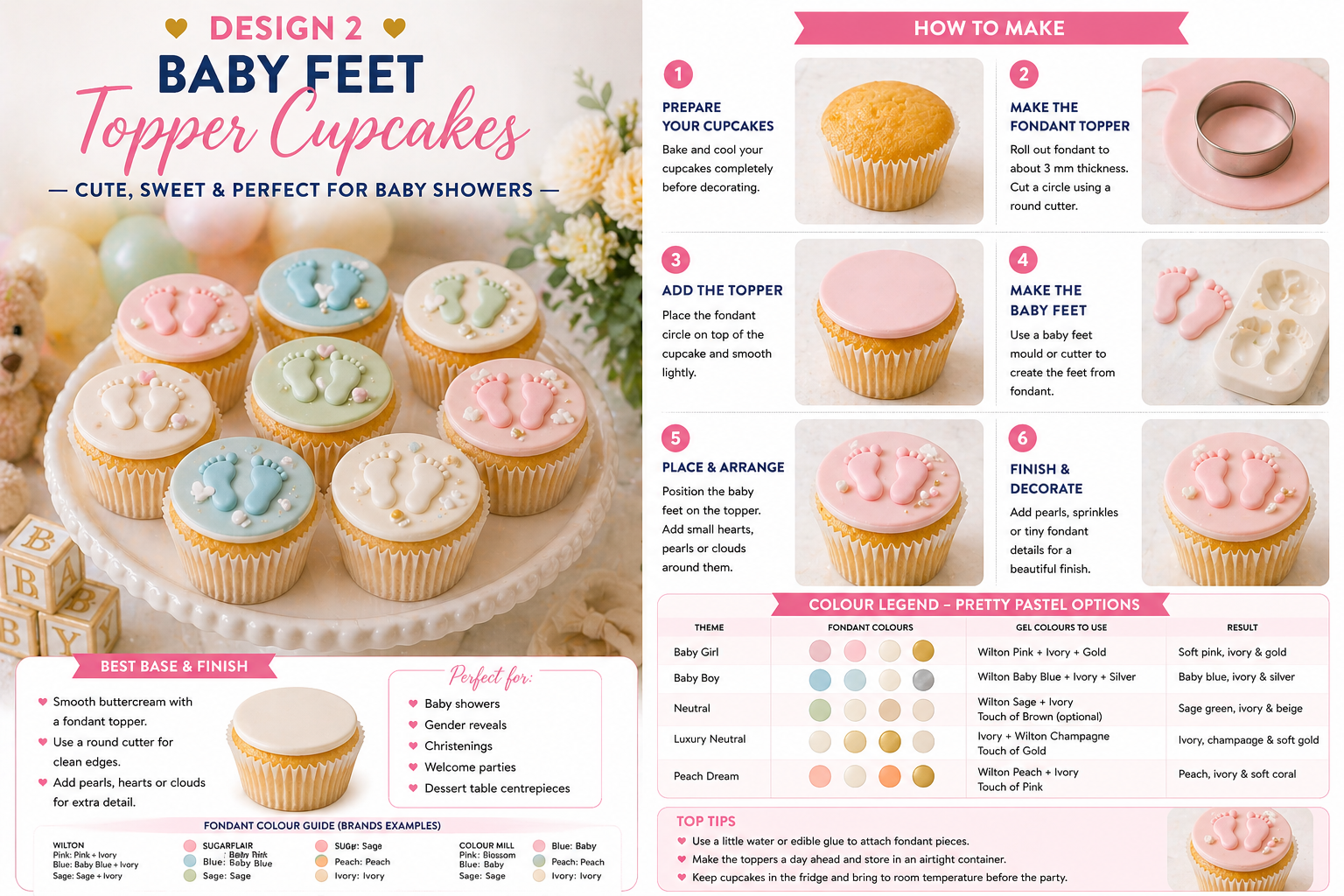Baby shower cupcakes with pastel fondant circles, baby feet toppers and pearl decorations