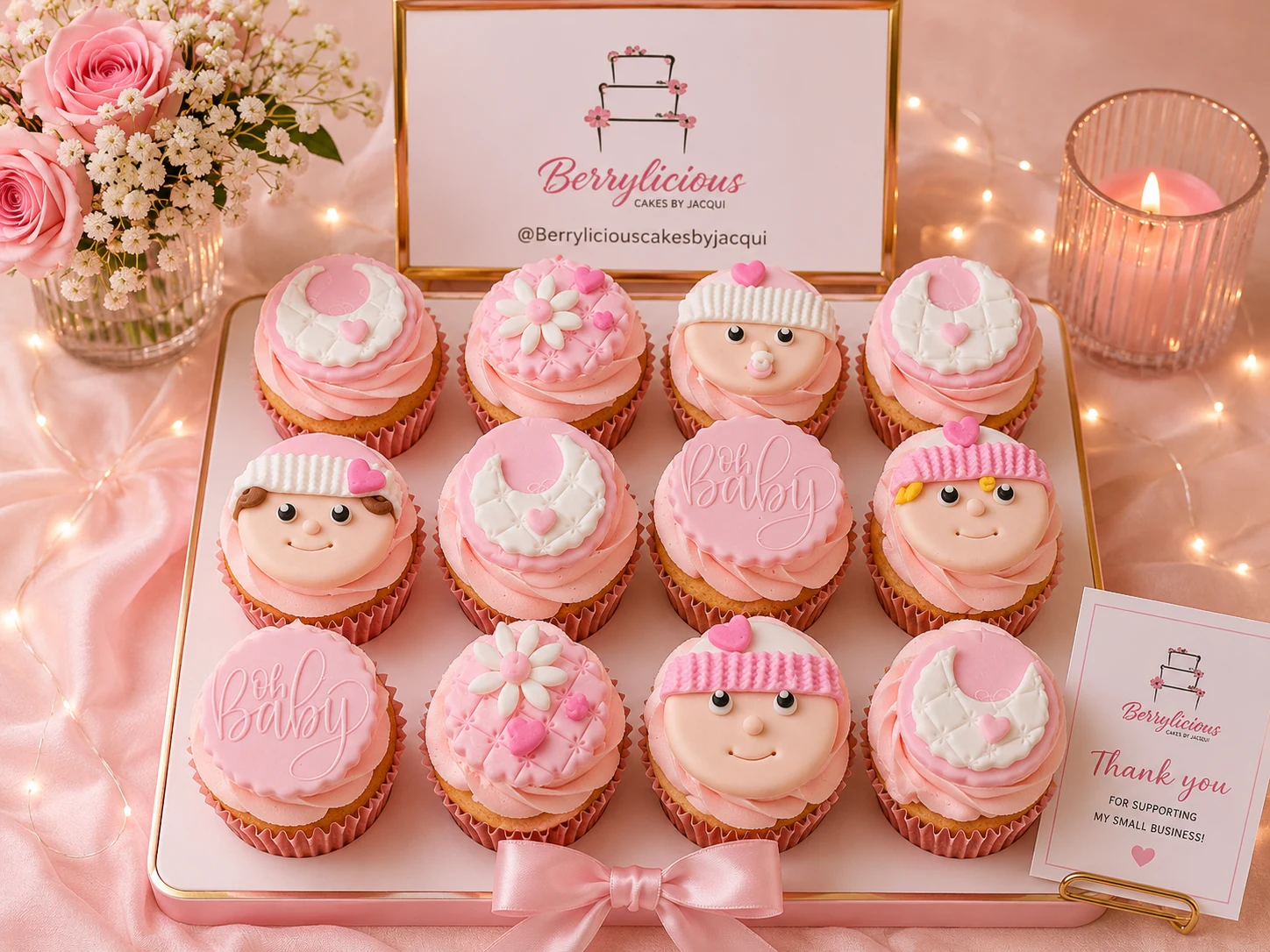 Berrylicious baby shower cupcakes with fondant Oh Baby toppers and pink buttercream — Medway Kent
