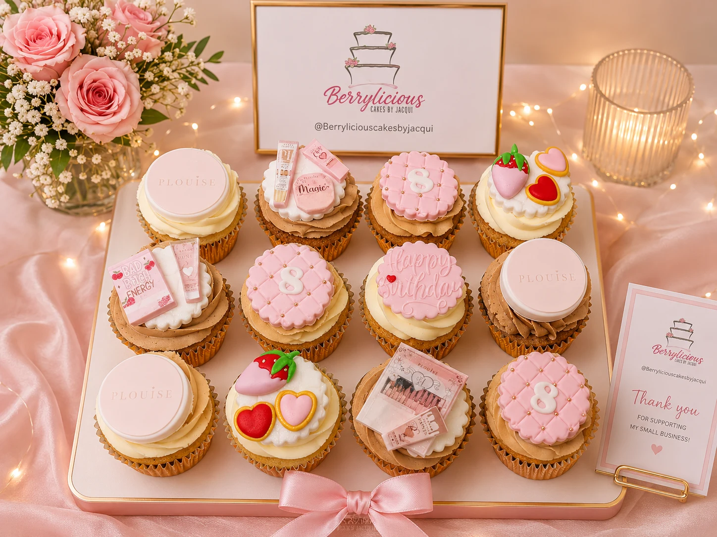 Berrylicious pink birthday fondant cupcakes with P.Louise beauty theme — themed cupcakes Medway Kent