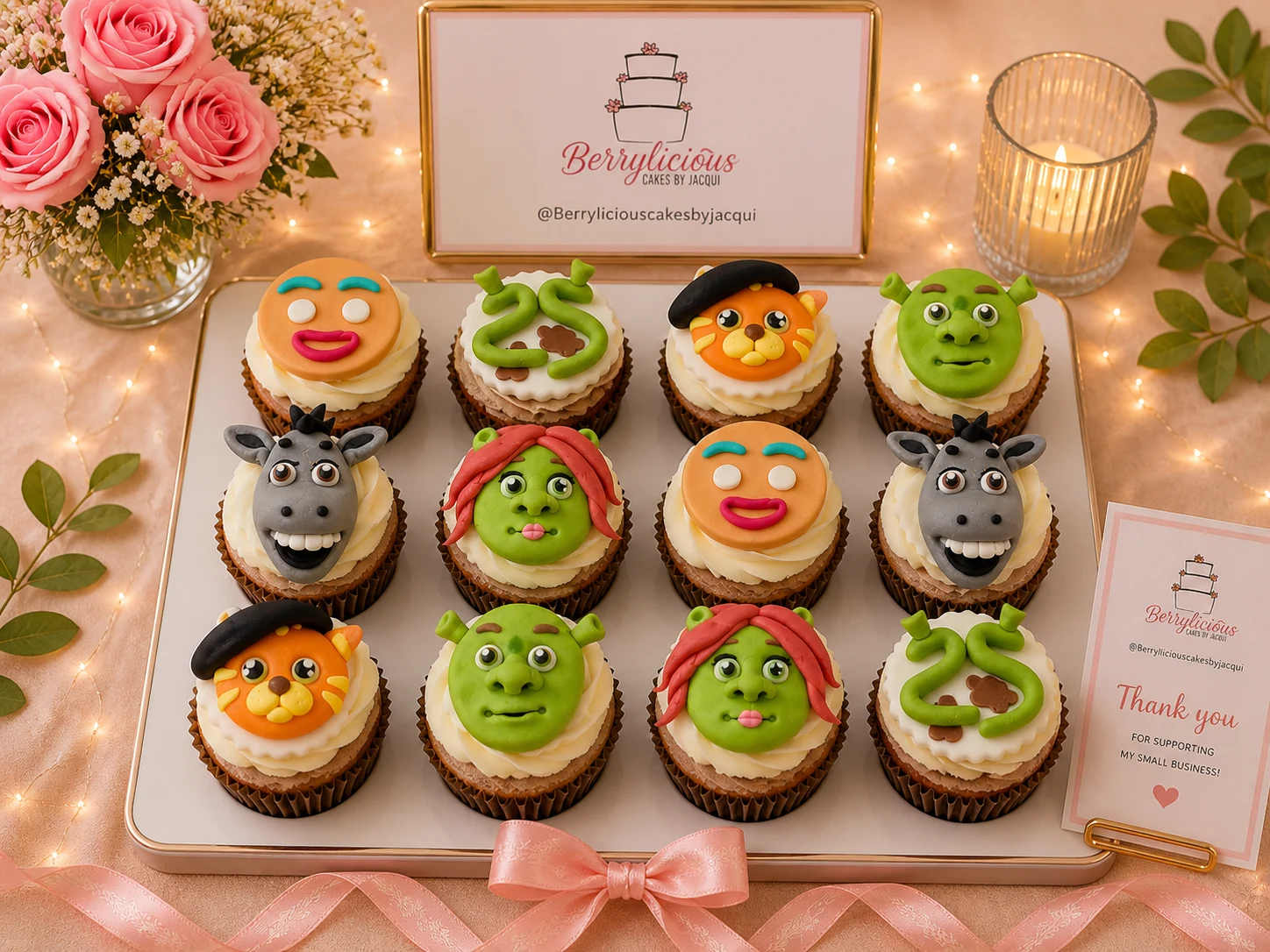 Berrylicious Shrek character fondant cupcakes with Shrek Fiona Donkey Puss in Boots faces — themed cupcakes Kent