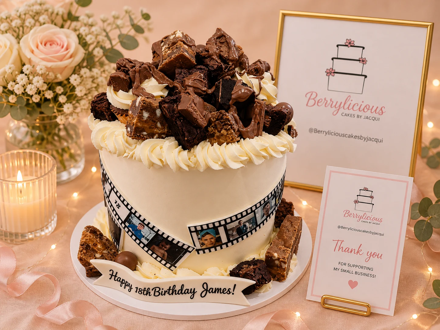 Berrylicious chocolate overload celebration cake with brownie topping and personalised film strip photo wrap — bespoke cakes Medway Kent