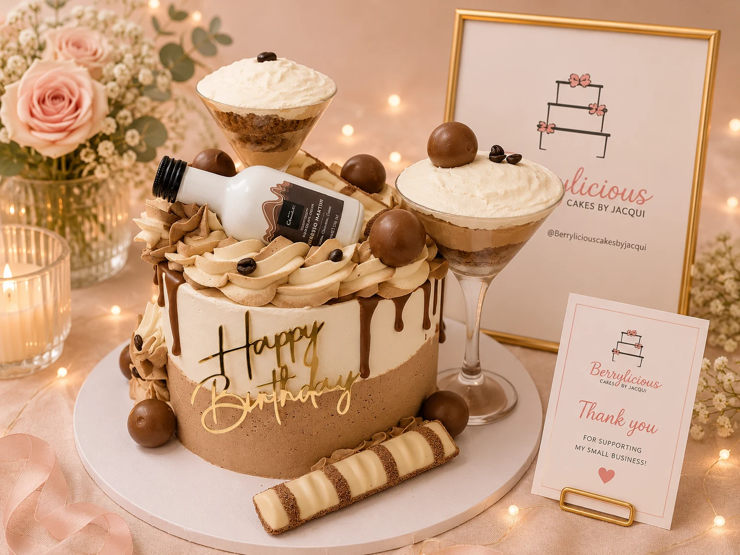 Berrylicious espresso martini drip cake with coffee buttercream, Maltesers and gold Happy Birthday topper — bespoke cakes Kent