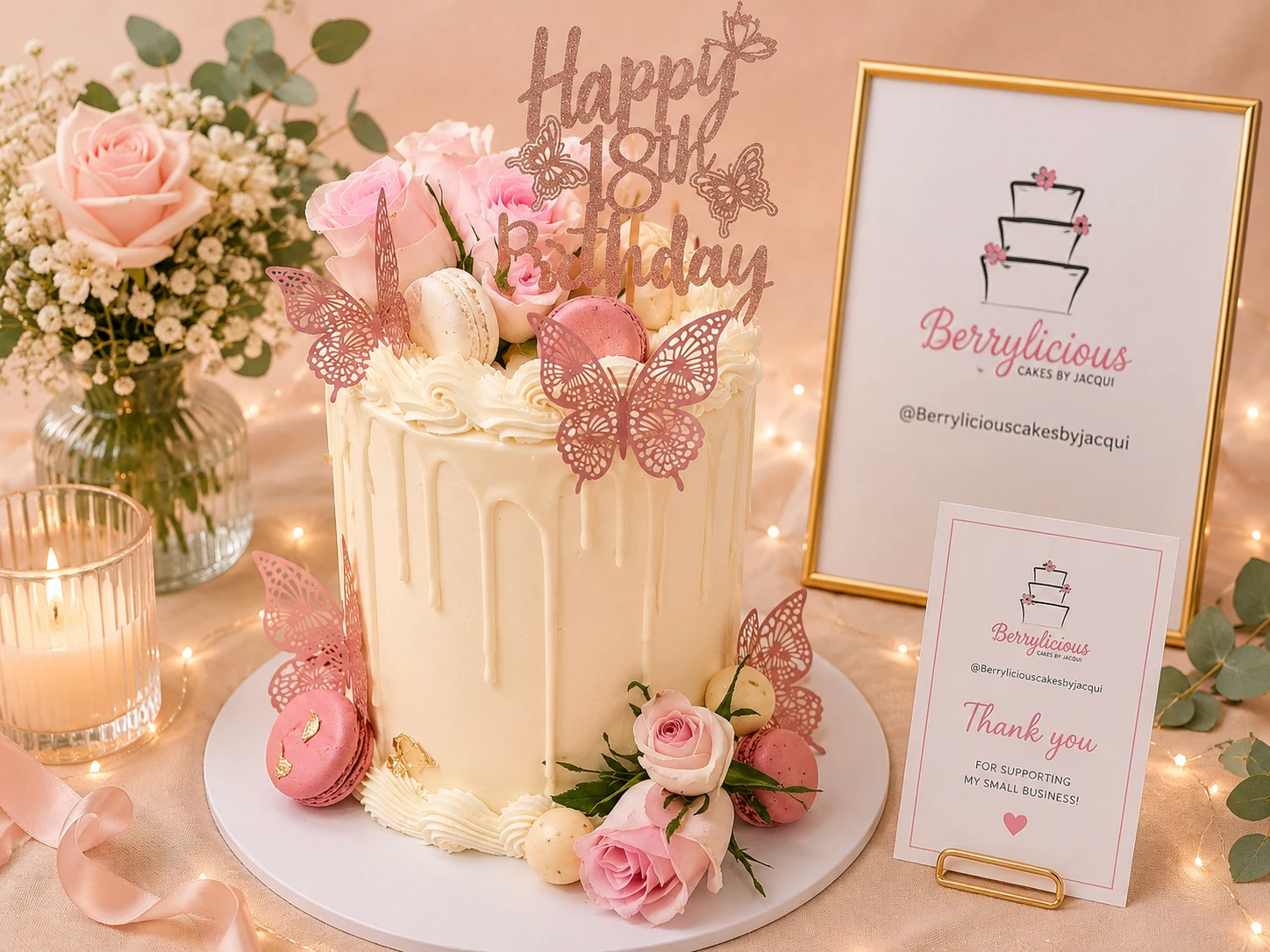 Berrylicious white drip cake with pink butterfly decorations, roses, macarons and Happy 18th Birthday topper — celebration cakes Kent