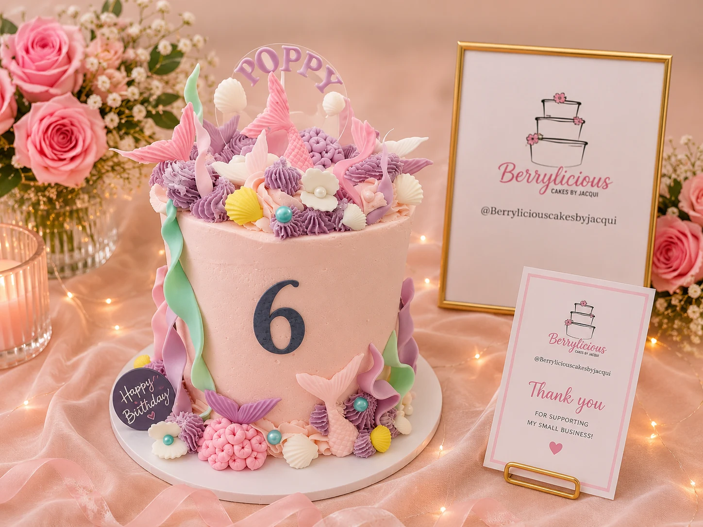 Berrylicious pink mermaid birthday cake with fondant tails, shells and pearls — personalised children's birthday cakes Medway Kent