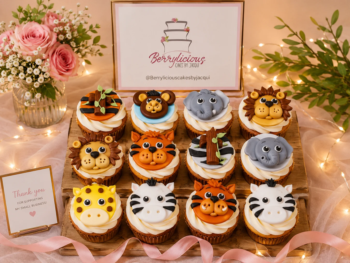 Berrylicious safari animal fondant cupcakes — lion, tiger, elephant, giraffe, zebra — themed birthday cupcakes Kent