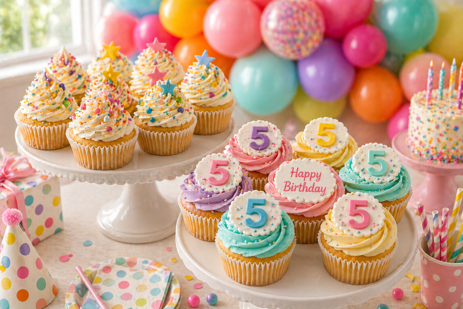 Birthday dessert table with confetti buttercream swirl cupcakes and number topper rosette cupcakes styled for a party celebration