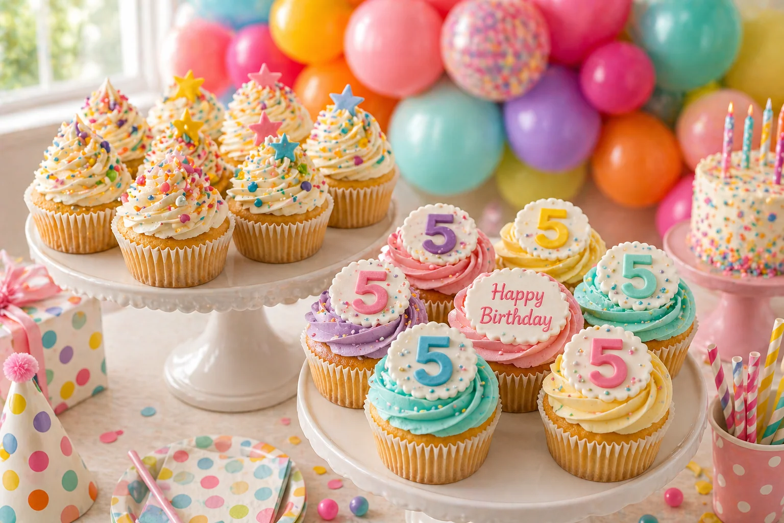 Birthday dessert table with confetti buttercream swirl cupcakes and number topper rosette cupcakes