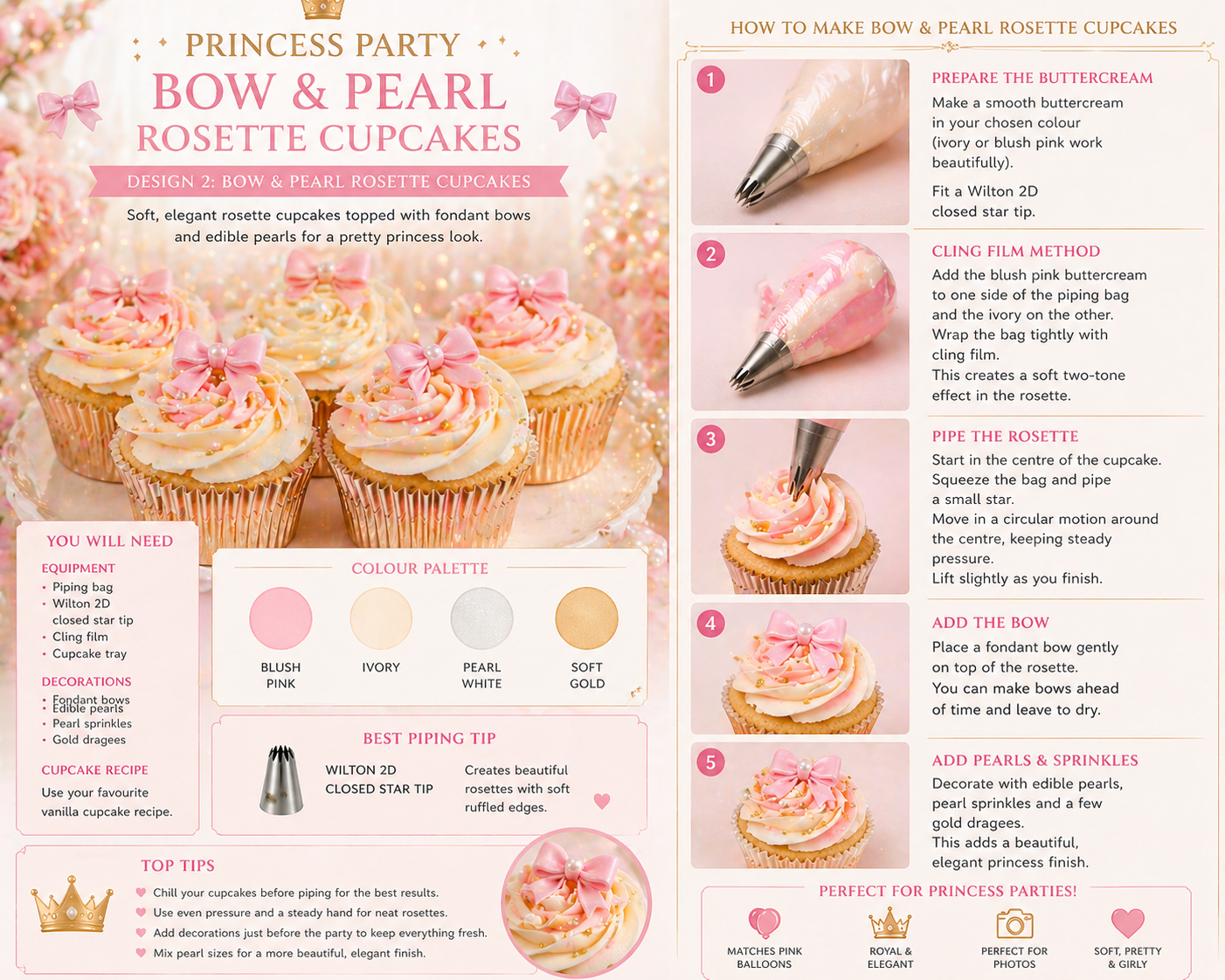 Bow and pearl rosette cupcakes with blush and ivory buttercream, fondant bows, edible pearls and Wilton 2D piping tip