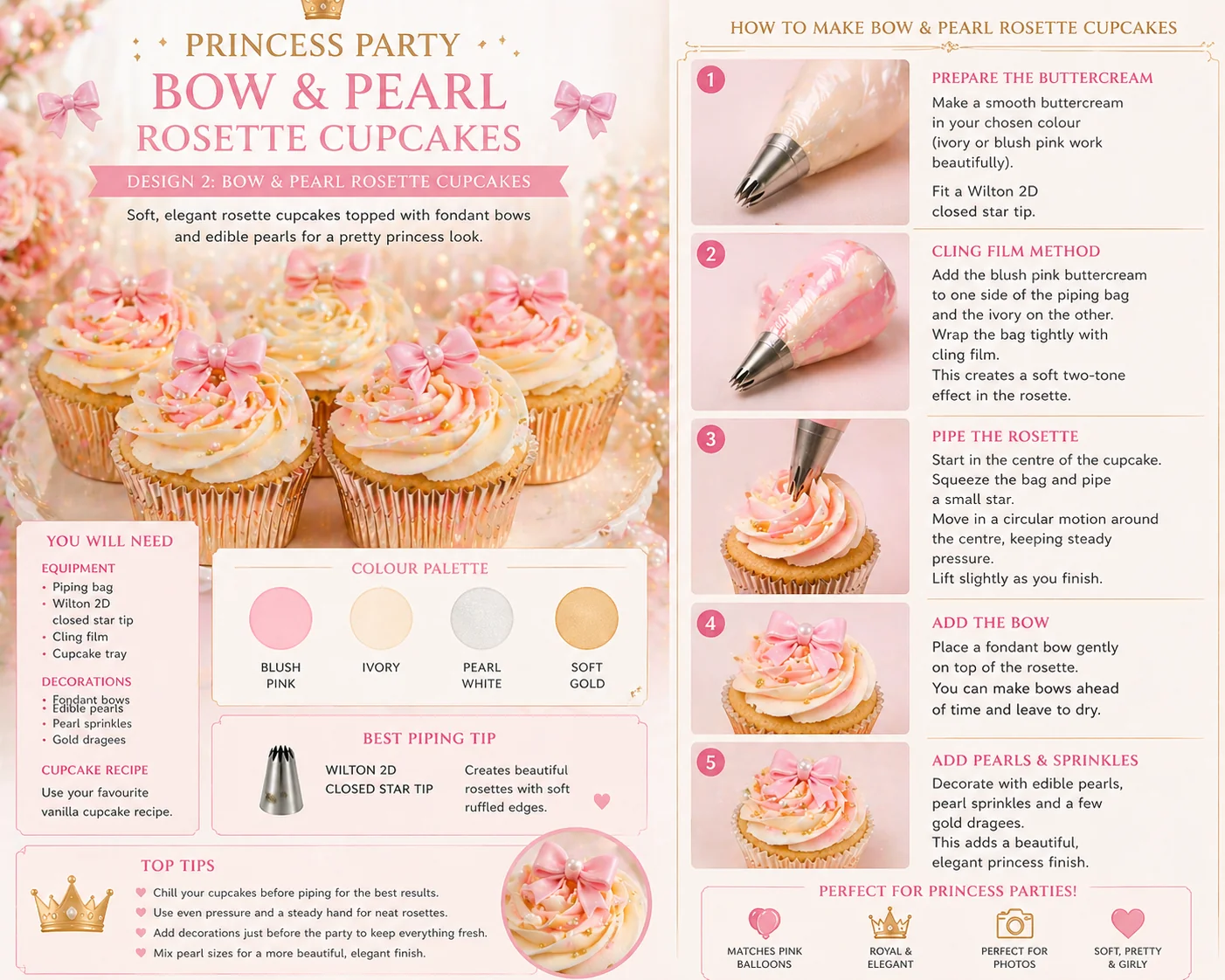 Bow and pearl rosette cupcakes with blush and ivory buttercream, fondant bows, edible pearls and Wilton 2D piping tip