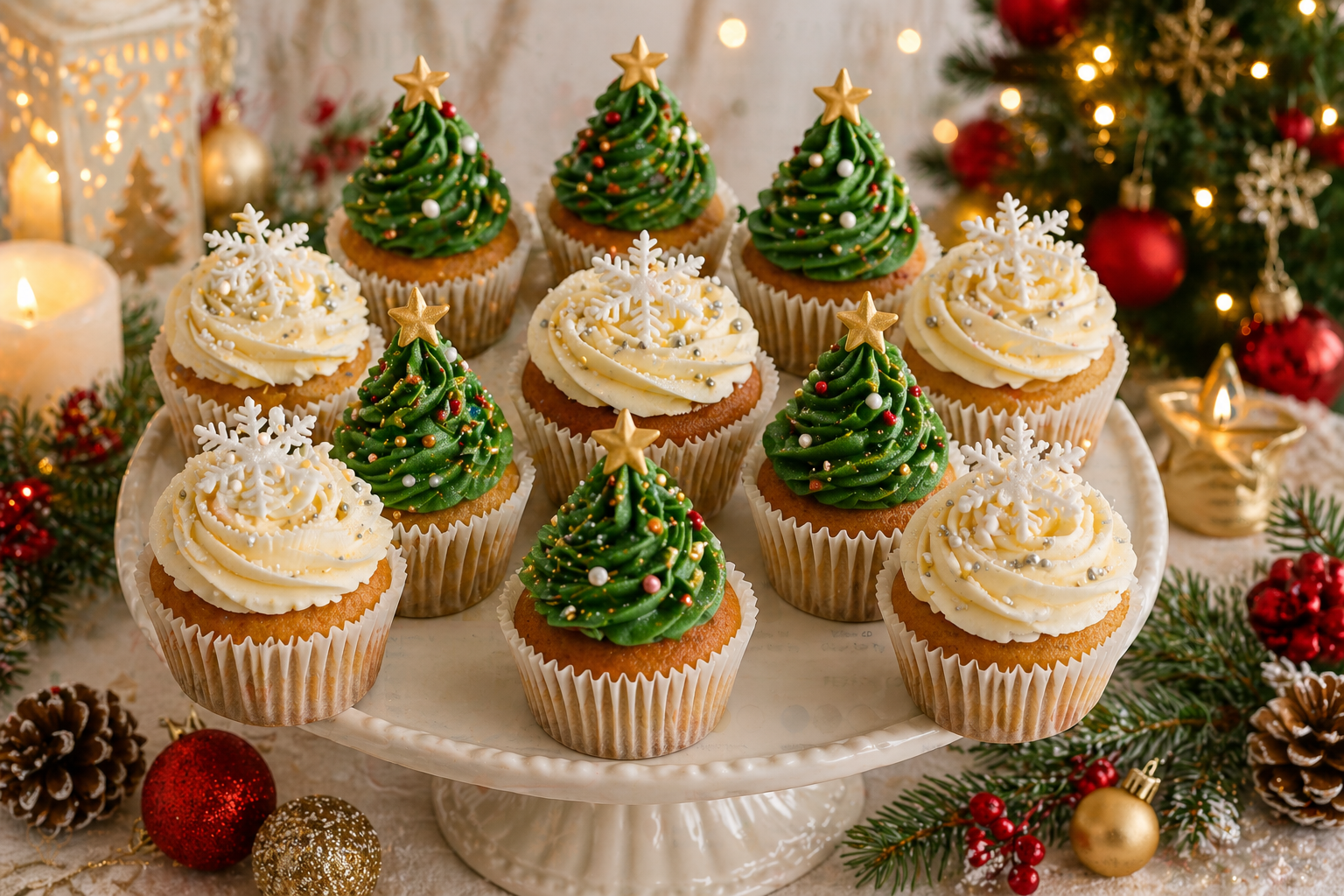 Christmas cupcake dessert table with green tree swirl cupcakes and white snowflake rosettes for a festive party display