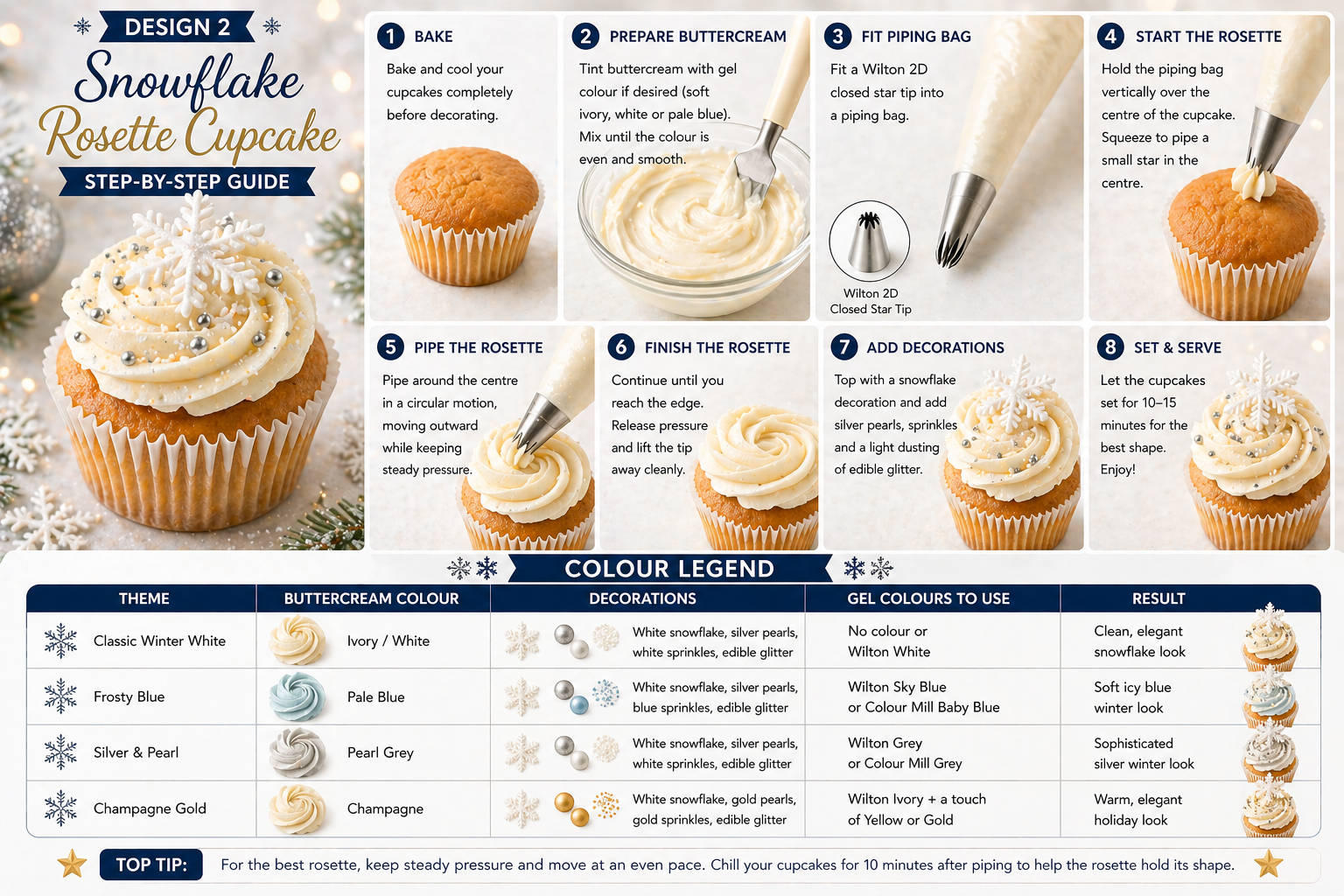 Ivory and white buttercream snowflake rosette cupcakes with snowflake toppers and silver pearl decorations