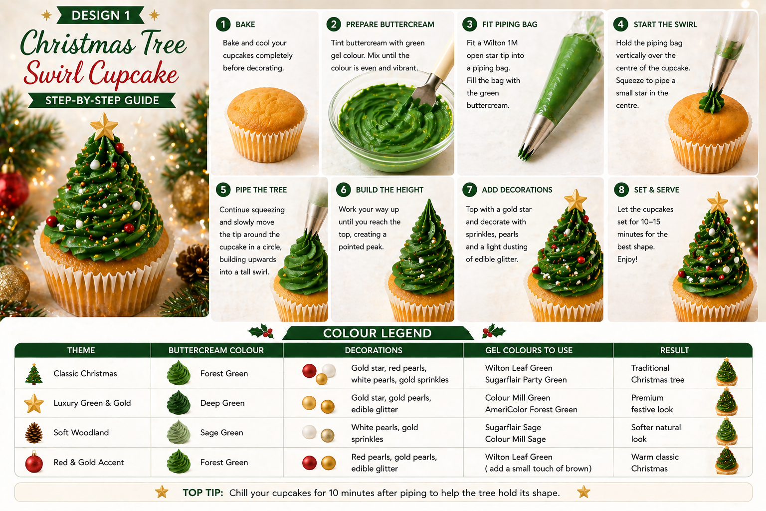 Green buttercream Christmas tree swirl cupcakes with gold star toppers and pearl sprinkles