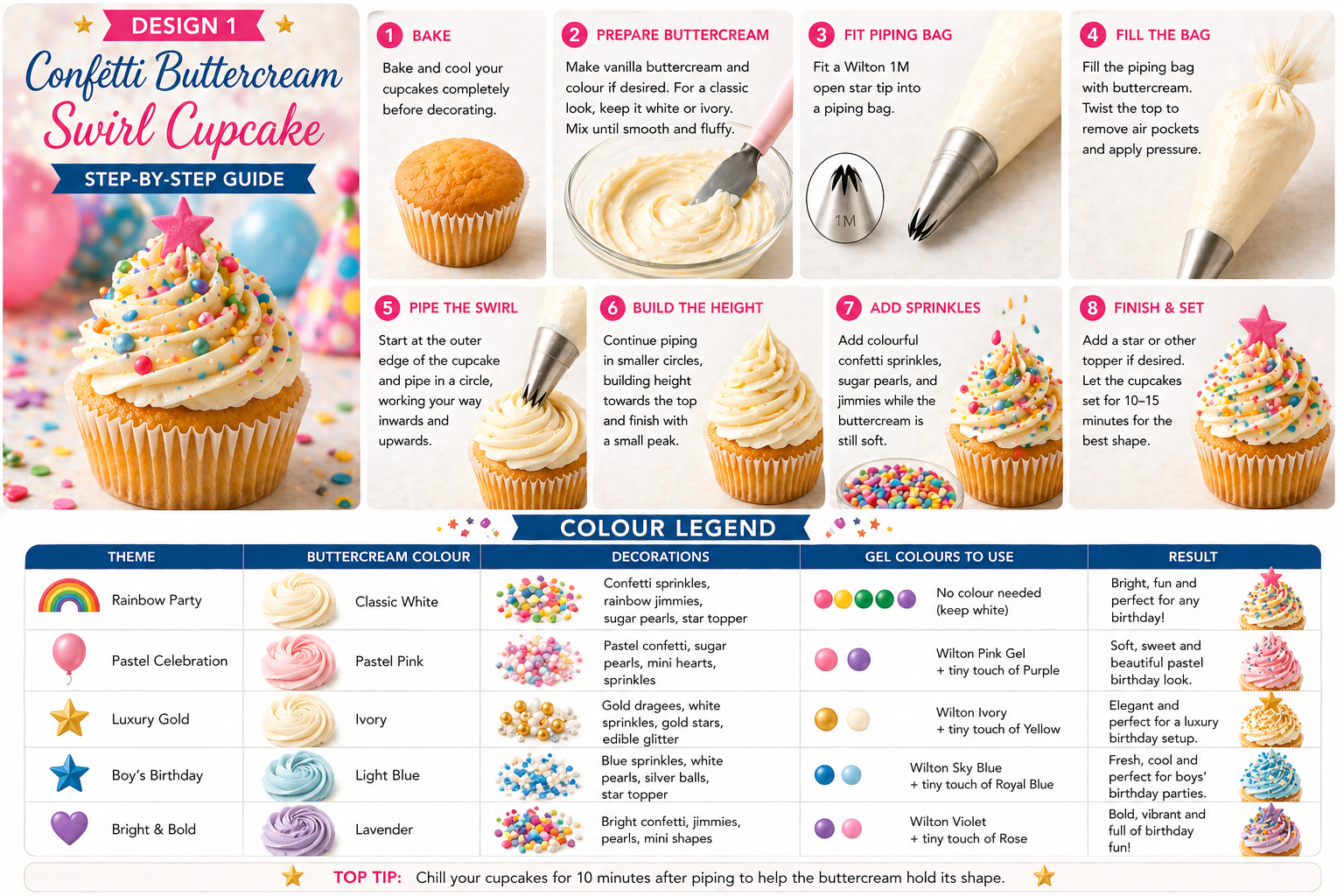 Confetti buttercream swirl birthday cupcakes with colourful sprinkles and a tall open-star piped swirl using a Wilton 1M tip