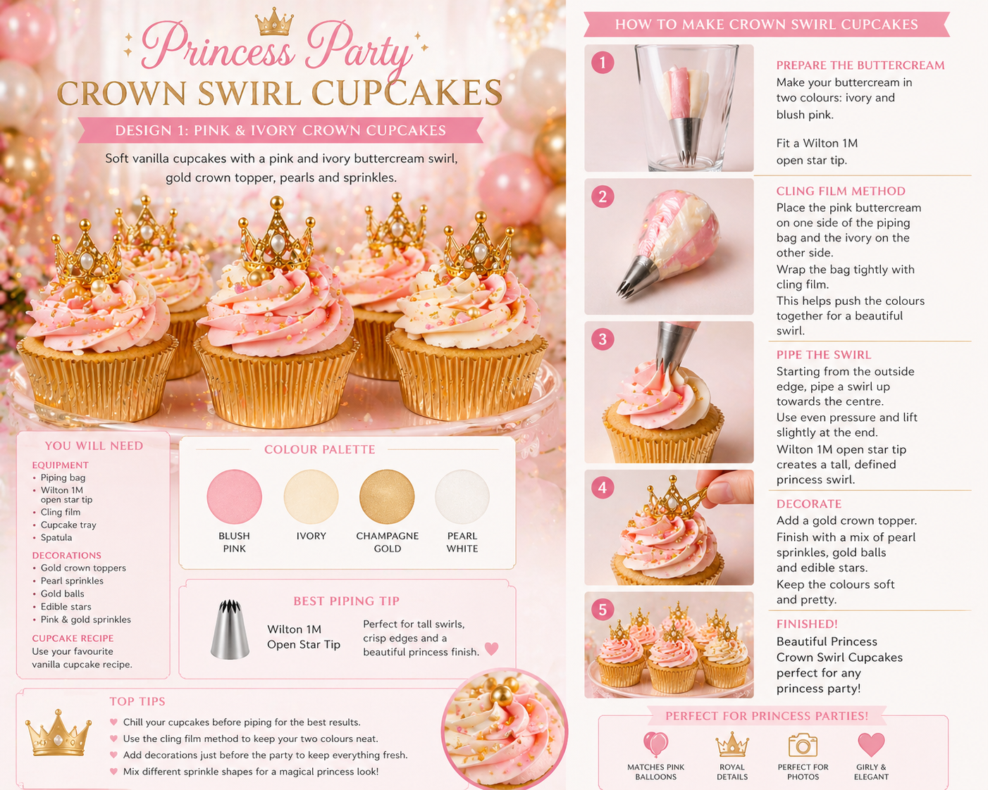 Crown swirl cupcakes with pink and ivory buttercream, gold crown toppers, pearls, sprinkles and Wilton 1M piping tip