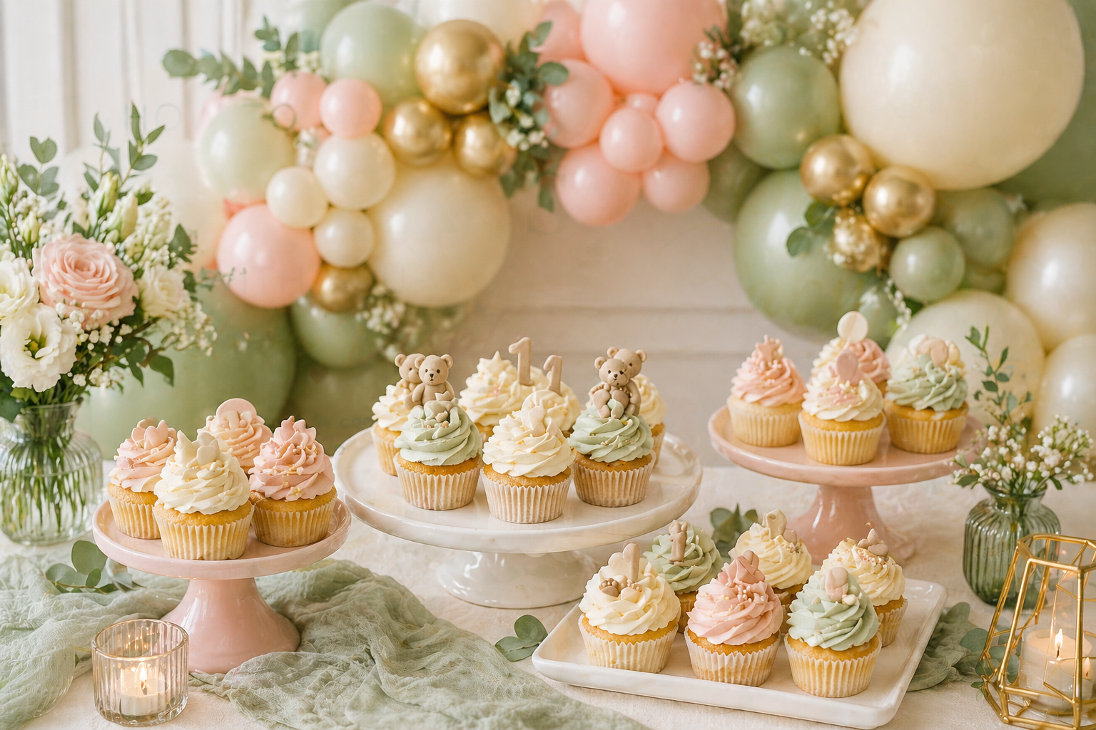 Styled party dessert table with pastel buttercream cupcakes on pink and white cake stands, coordinated with a sage green, blush and gold balloon garland, roses and soft table linen