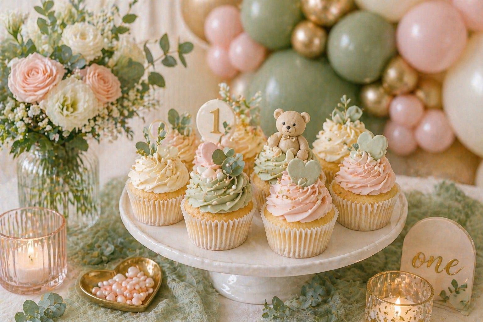 Close detail of pastel cupcakes with teddy bear, heart and baby feet fondant toppers on a white cake stand, with blush roses and a gold balloon garland behind