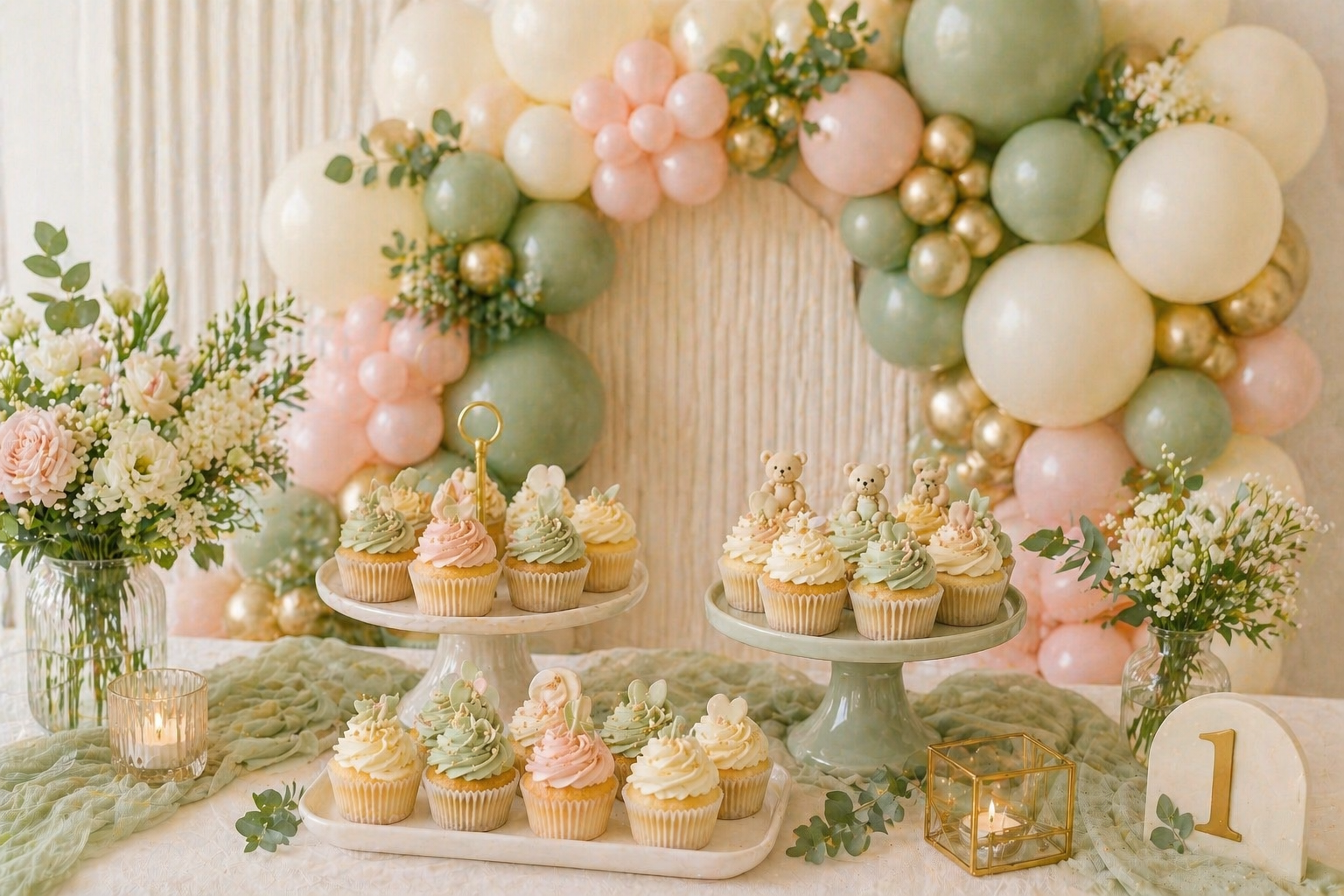 Styled dessert table with pastel buttercream cupcakes on tiered and flat cake stands, framed by a sage green, blush and gold balloon arch with a grooved backdrop panel