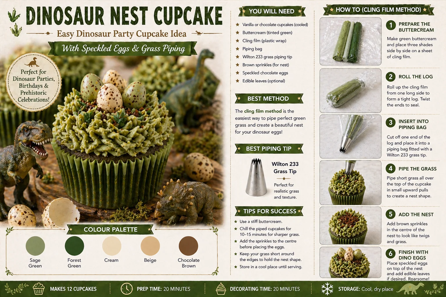 Dinosaur nest cupcake how-to guide with Wilton 233 multi-opening grass tip, green buttercream, speckled eggs, colour palette and step-by-step piping instructions