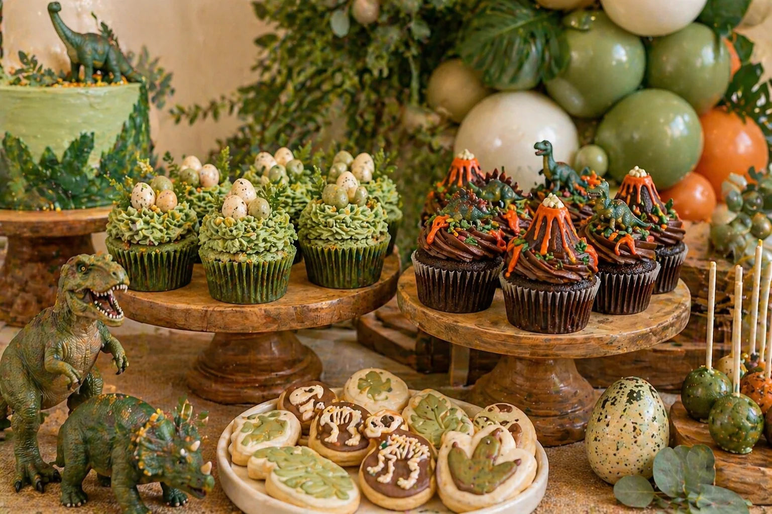 Dinosaur party cupcakes with green nest cupcakes, speckled eggs, volcano lava cupcakes, dinosaur cookies, jungle props and rustic wooden stands
