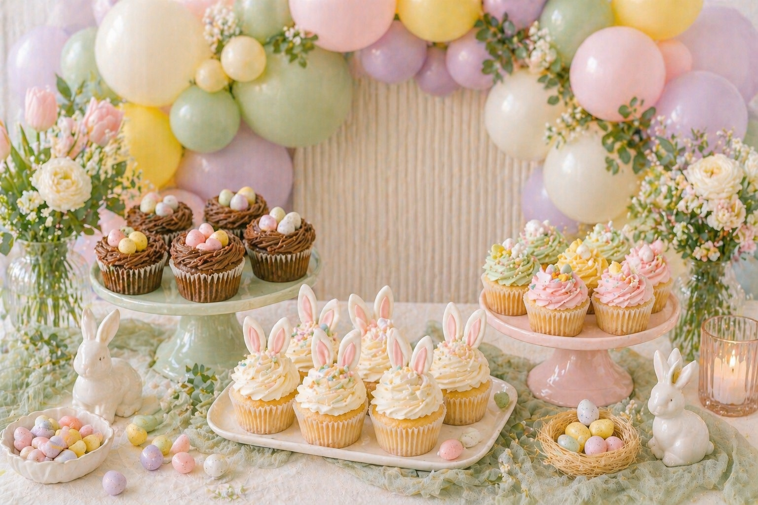 Easter dessert table with pastel balloon garland, mini egg nest cupcakes and bunny ear cupcakes on cake stands