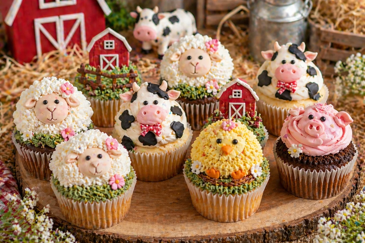 Farm party cupcakes with fluffy sheep, cow print, pig, chick and barnyard designs, styled on a rustic wooden board with hay, flowers and soft farm decorations
