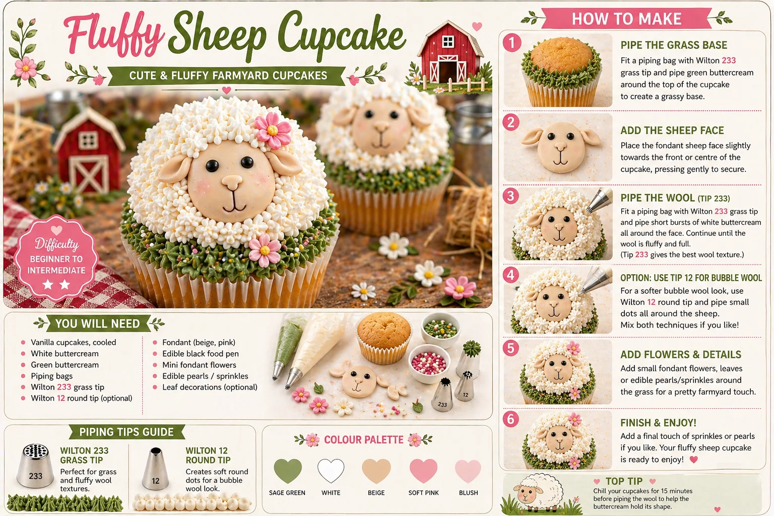 Fluffy sheep cupcake how-to infographic showing Wilton 233 grass tip for green grass base and wool texture, Wilton 12 round tip for optional bubble wool, fondant sheep face, flowers and farm cupcake decorations