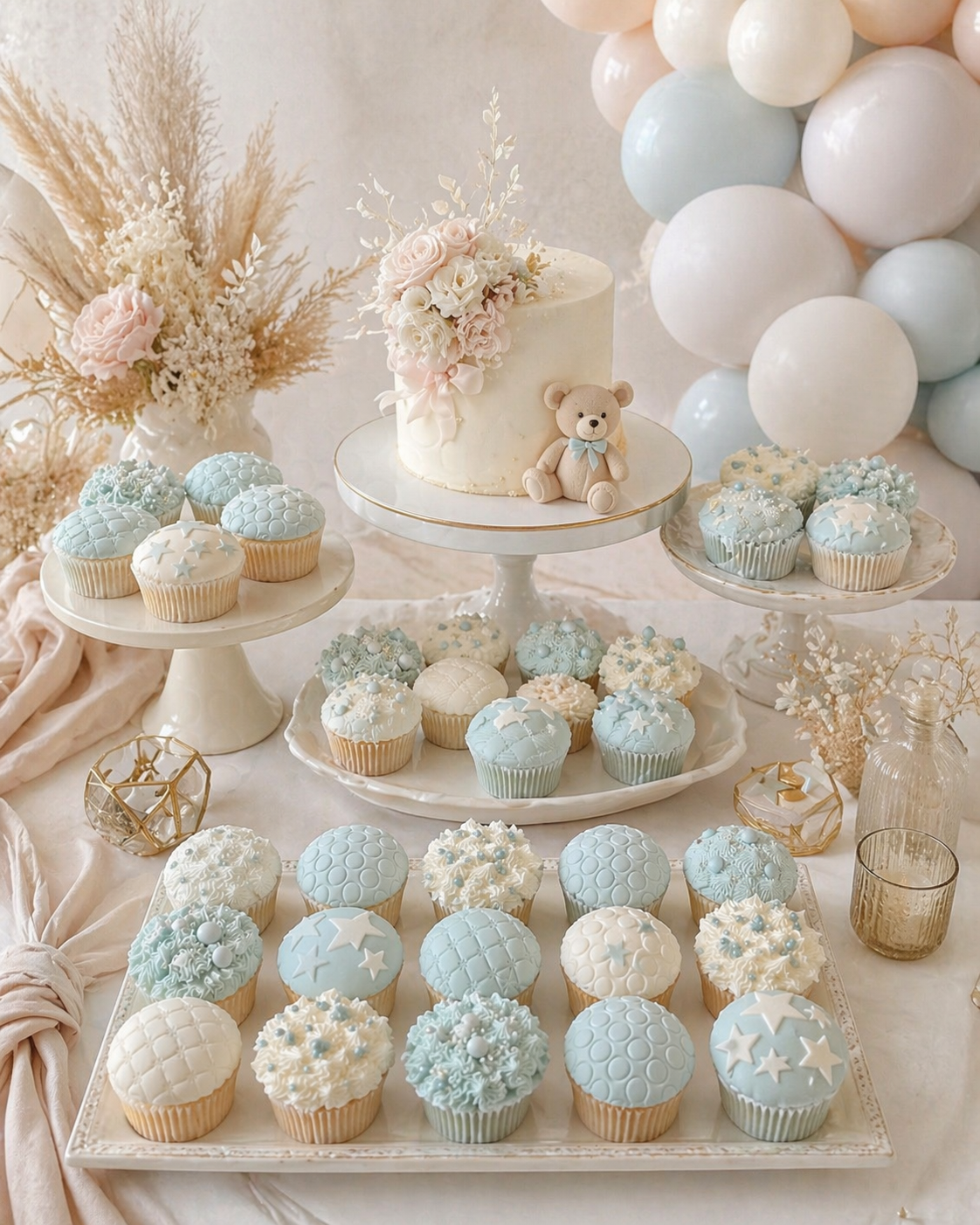Fondant cupcakes in powder blue and ivory with quilted, bubble and star designs on a decorative plate for a baby shower in Kent