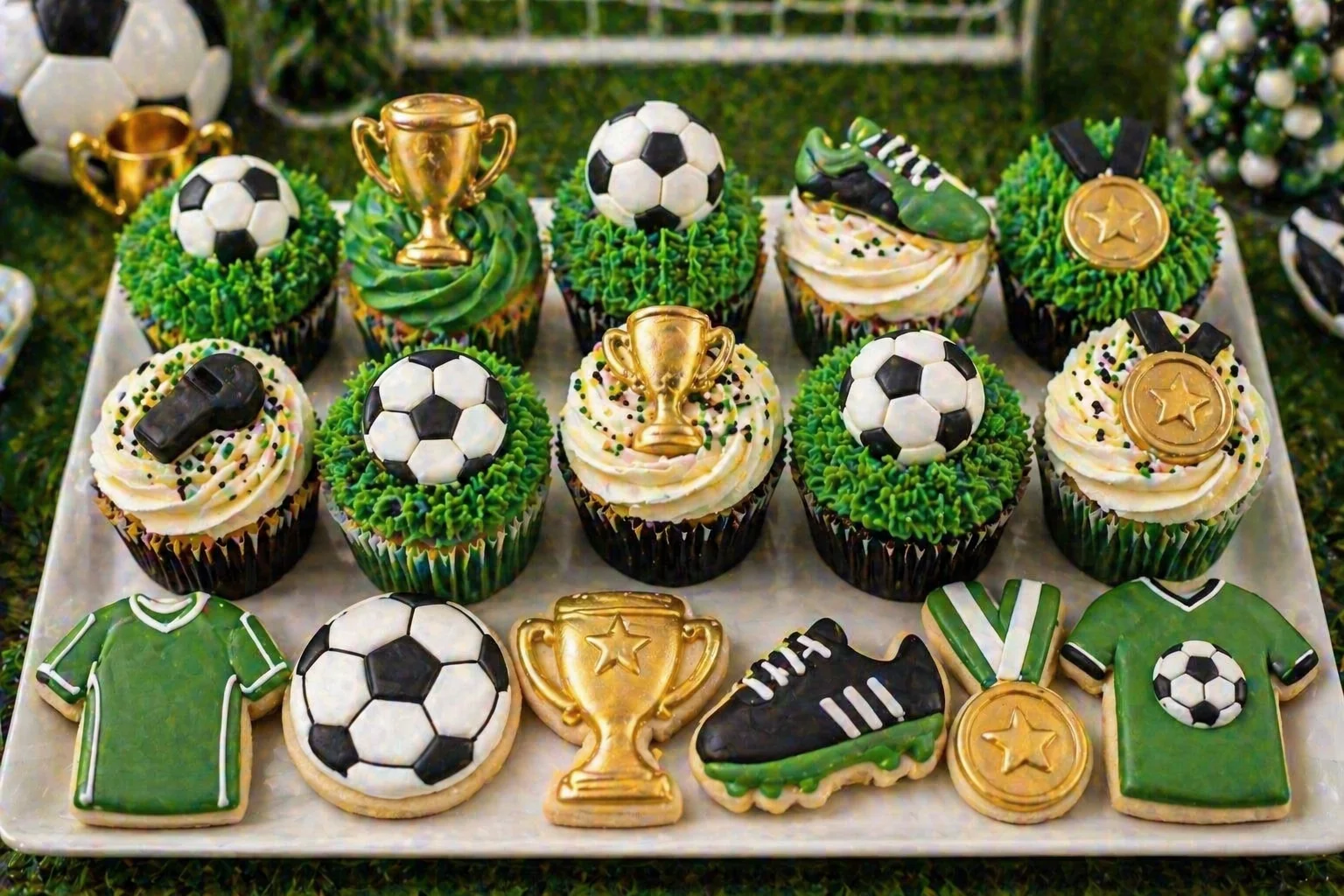 Tray of assorted football cupcakes and cookies with grass-effect buttercream, football toppers, trophy details, jersey cookies, boot cookies and green, black, white and gold party colours