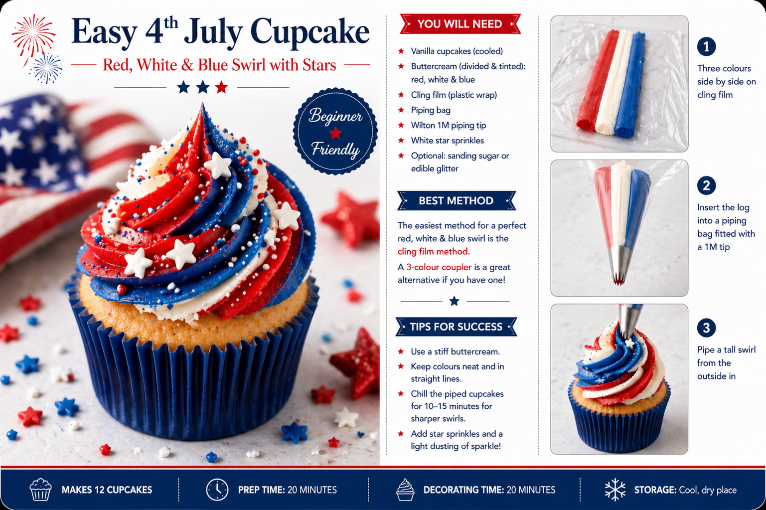 Red, white and blue buttercream swirl cupcakes for 4th of July — Little Moment Studio
