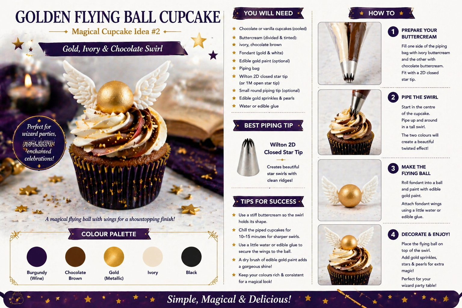 Golden flying ball cupcake with ivory and chocolate buttercream, gold fondant ball, white wings and gold sprinkles