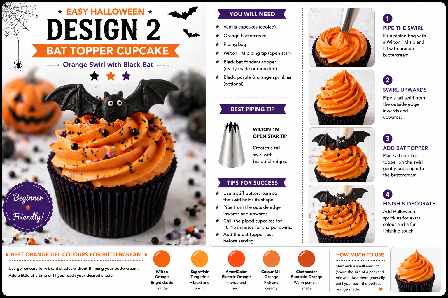Orange buttercream swirl Halloween cupcakes with black bat fondant toppers — Little Moment Studio