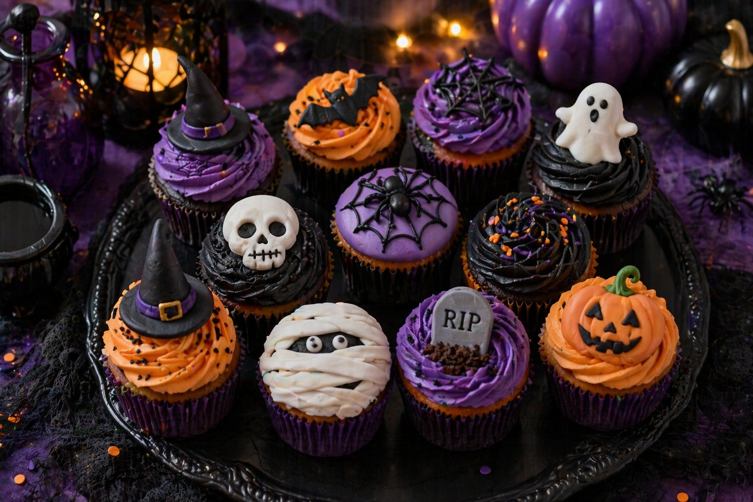 Full Halloween cupcake display with fondant skull, mummy, pumpkin, spider web, bat and ghost designs on a dark styled dessert table