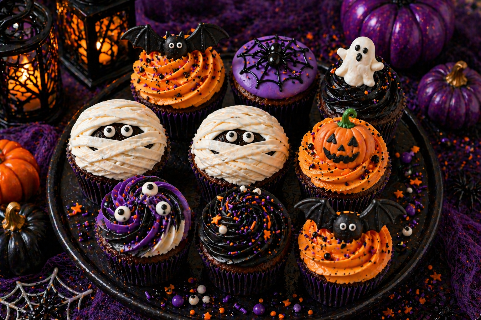 Halloween cupcake party table display — mummy and bat cupcakes by Little Moment Studio Kent