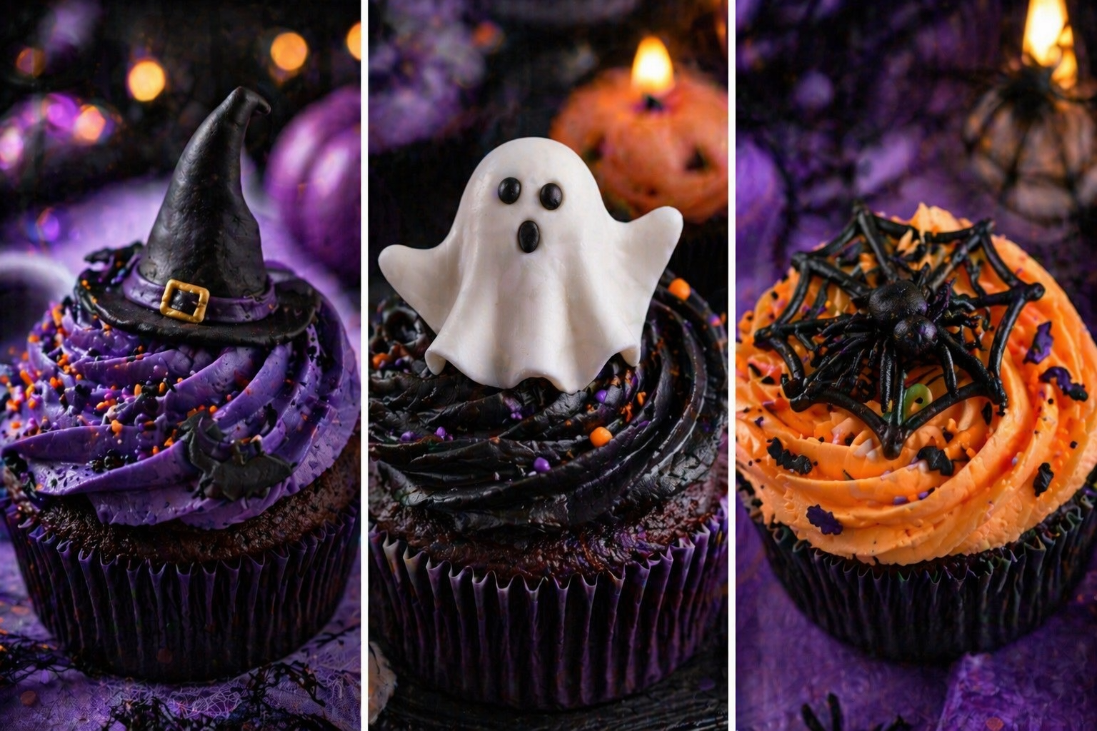 Halloween cupcakes with fondant witch hat, ghost and spider decorations in deep purple, black and orange on dark chocolate sponge